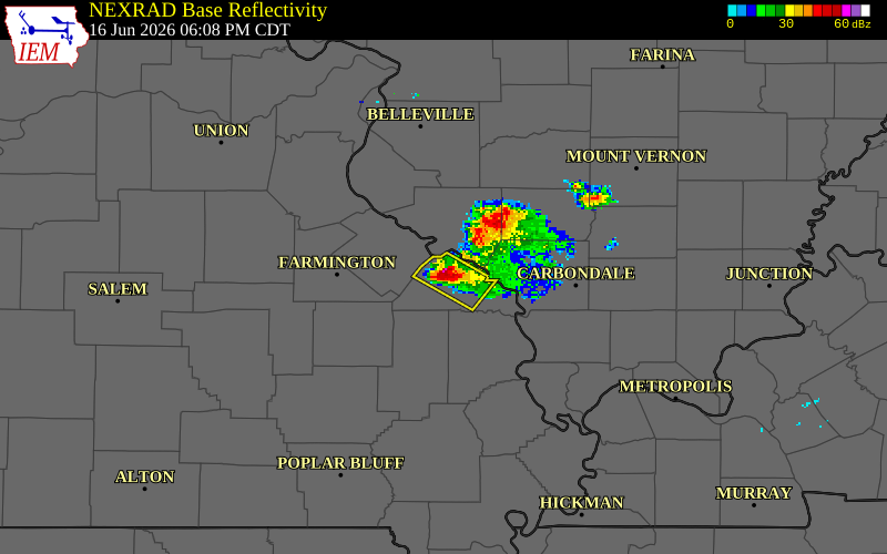 NEXRAD radar during the Tuesday, June 16, 2026 storm activity in Perry County, Missouri