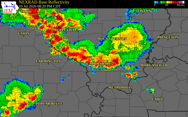 NEXRAD radar during the Friday, July 10, 2026 storm activity in Perry County, Missouri