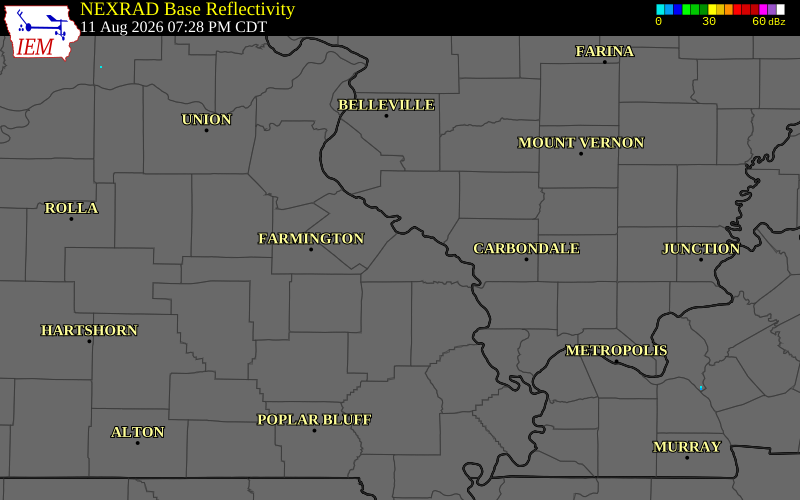 NEXRAD radar during the Tuesday, August 11, 2026 storm activity in Perry County, Missouri