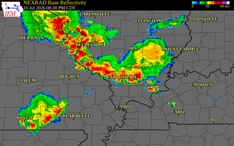 Radar snapshot during the Jul 10, 2026 wind event near Perry County, Perry County, Missouri, with NWS warning polygons