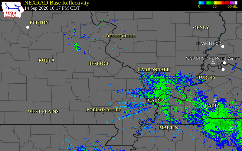 Current NEXRAD radar over Perry County, Missouri with recent storm report locations