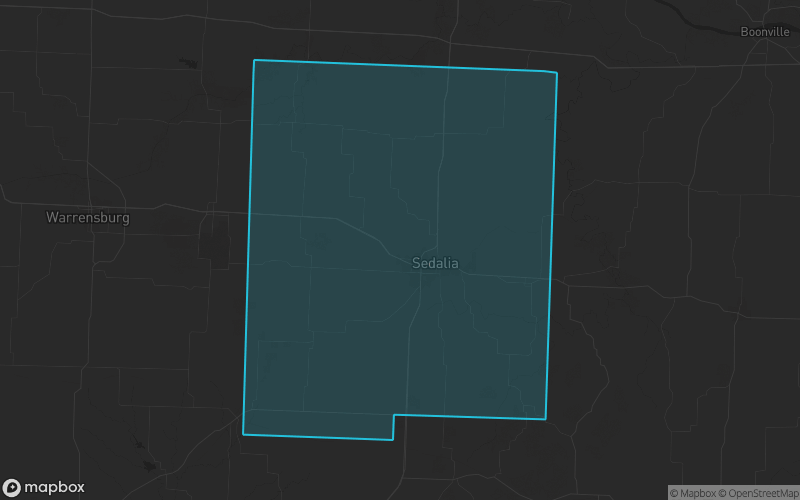 Map of Pettis County, Missouri showing the county boundary and surrounding cities