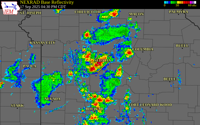 NEXRAD radar during the Wednesday, September 17, 2025 storm activity in Pettis County, Missouri