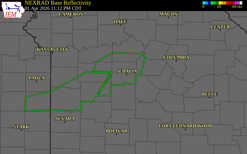 NEXRAD radar during the Wednesday, April 1, 2026 storm activity in Pettis County, Missouri