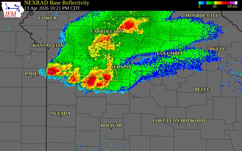 NEXRAD radar during the Monday, April 13, 2026 storm activity in Pettis County, Missouri