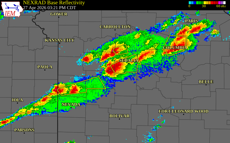 NEXRAD radar during the Monday, April 27, 2026 storm activity in Pettis County, Missouri