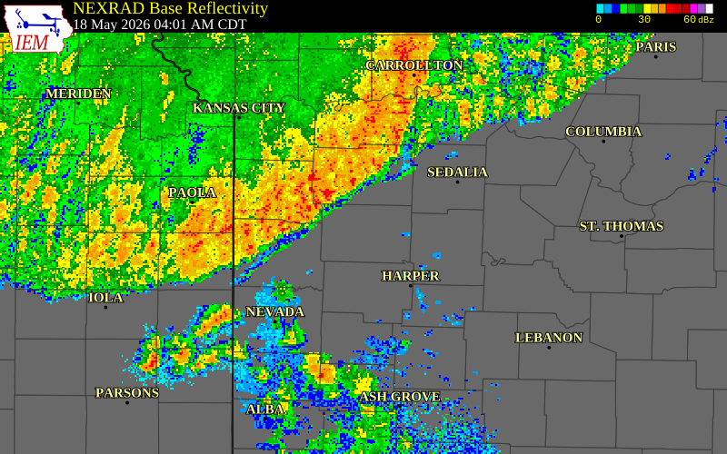 NEXRAD radar during the Monday, May 18, 2026 storm activity in Pettis County, Missouri