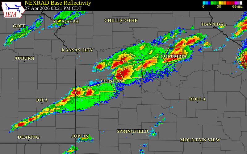 Radar snapshot during the Apr 27, 2026 hail event near 2 NE Windsor, Pettis County, Missouri, with NWS warning polygons