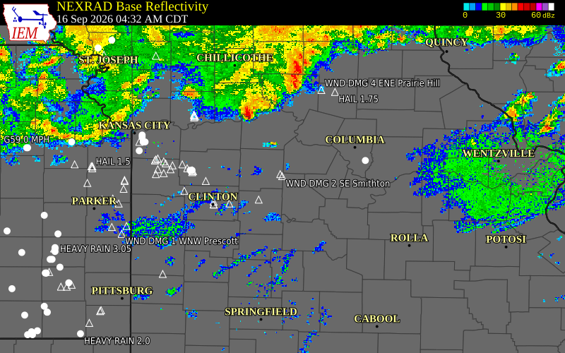 Current NEXRAD radar over Pettis County, Missouri with recent storm report locations