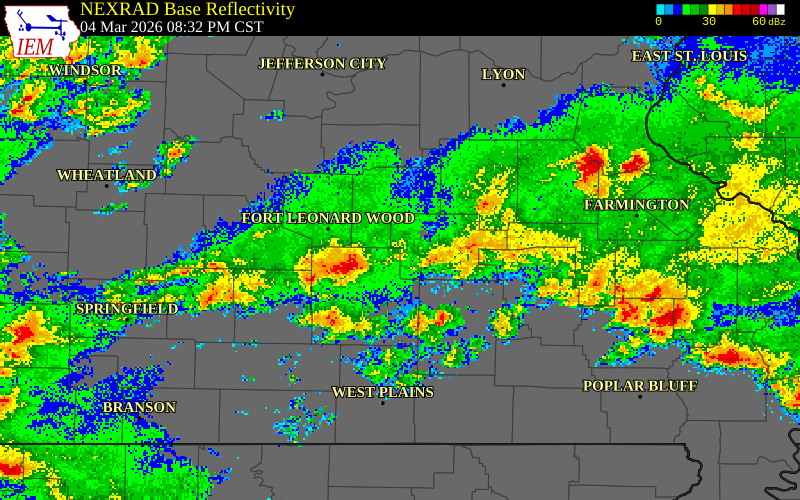 NEXRAD radar during the Wednesday, March 4, 2026 storm activity in Phelps County, Missouri