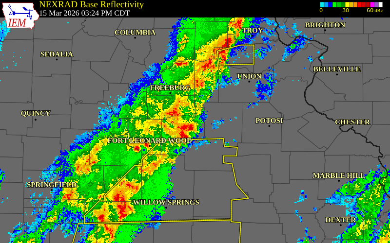 NEXRAD radar during the Sunday, March 15, 2026 storm activity in Phelps County, Missouri