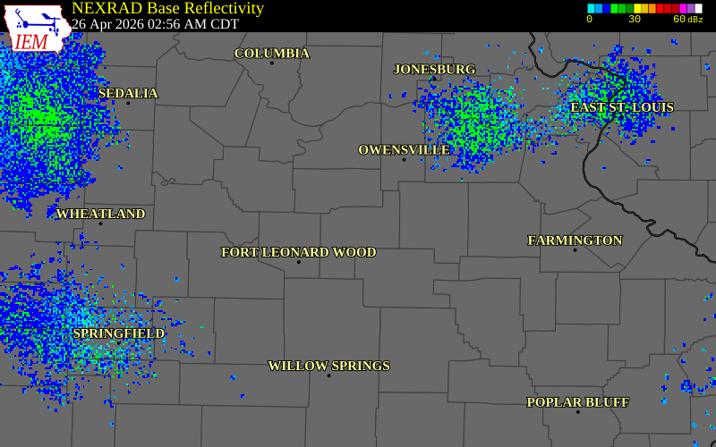 NEXRAD radar during the Sunday, April 26, 2026 storm activity in Phelps County, Missouri