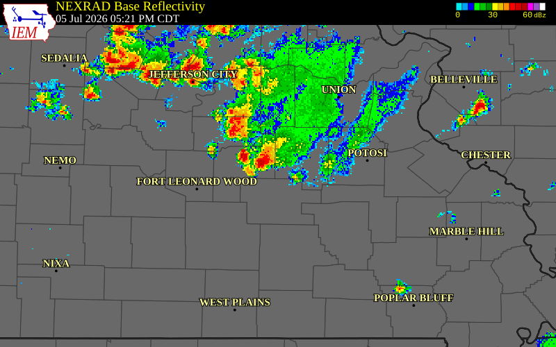 NEXRAD radar during the Sunday, July 5, 2026 storm activity in Phelps County, Missouri