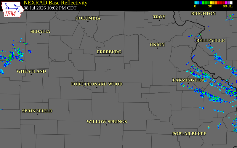 NEXRAD radar during the Wednesday, July 8, 2026 storm activity in Phelps County, Missouri