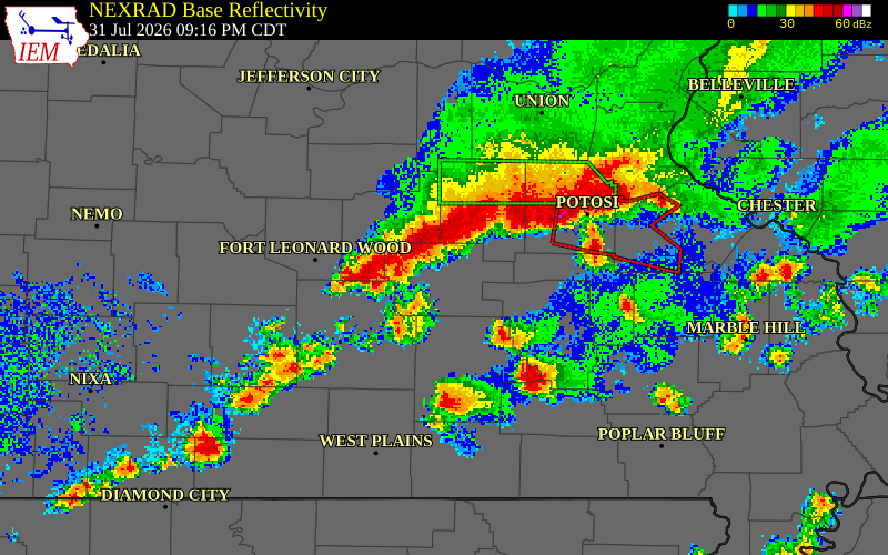 NEXRAD radar during the Friday, July 31, 2026 storm activity in Phelps County, Missouri