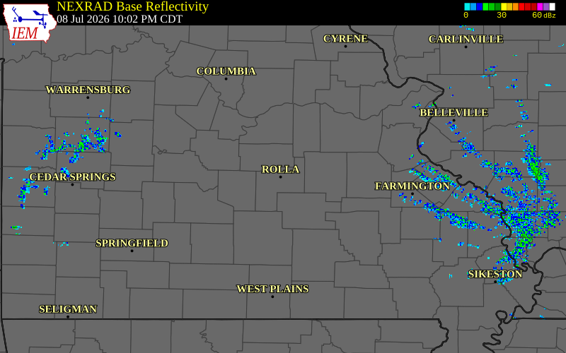 Radar snapshot during the Jul 8, 2026 tornado event near 1 ENE Rolla, Phelps County, Missouri, with NWS warning polygons