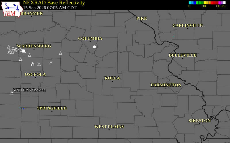 Current NEXRAD radar over Phelps County, Missouri with recent storm report locations