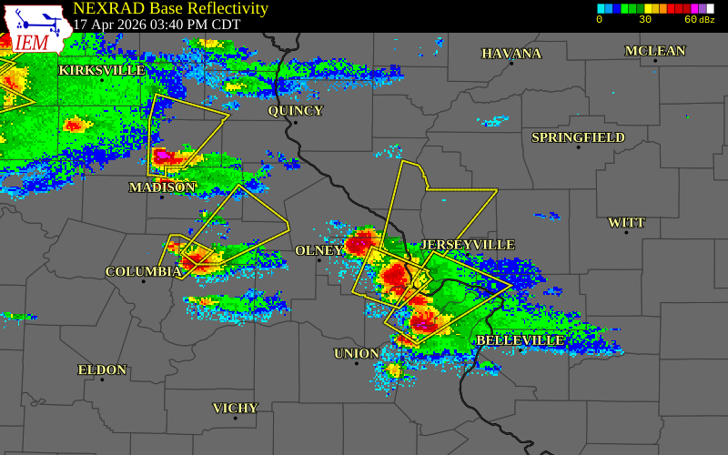 NEXRAD radar during the Friday, April 17, 2026 storm activity in Pike County, Missouri