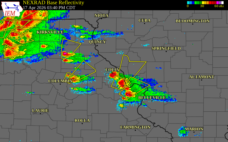 Radar snapshot during the Apr 17, 2026 wind event near 4 WNW Paynesville, Pike County, Missouri, with NWS warning polygons