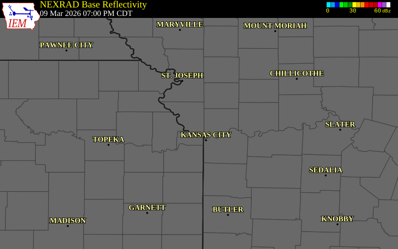 NEXRAD radar during the Monday, March 9, 2026 storm activity in Platte County, Missouri