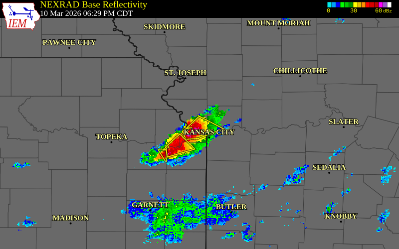 NEXRAD radar during the Tuesday, March 10, 2026 storm activity in Platte County, Missouri