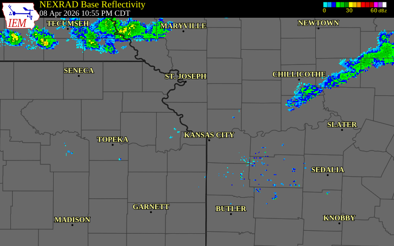 NEXRAD radar during the Wednesday, April 8, 2026 storm activity in Platte County, Missouri