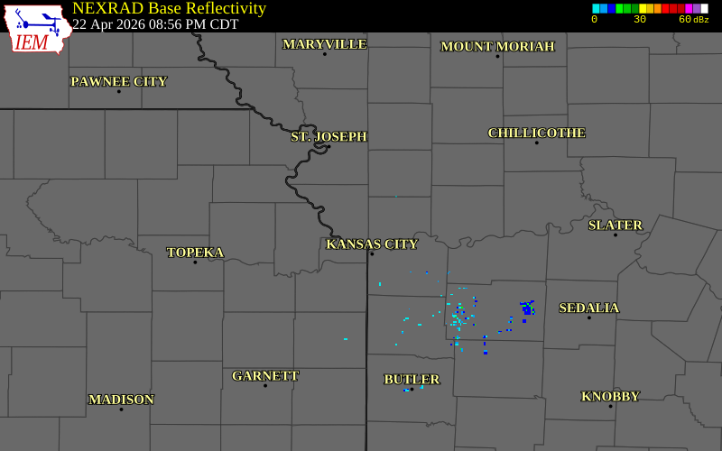 NEXRAD radar during the Wednesday, April 22, 2026 storm activity in Platte County, Missouri