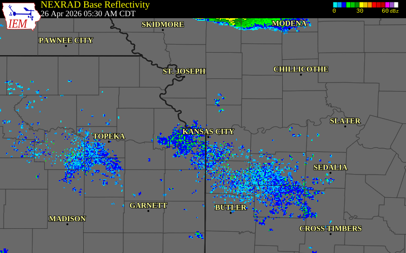 NEXRAD radar during the Sunday, April 26, 2026 storm activity in Platte County, Missouri