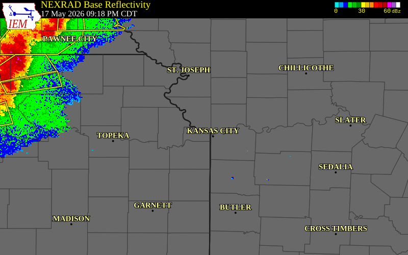NEXRAD radar during the Sunday, May 17, 2026 storm activity in Platte County, Missouri
