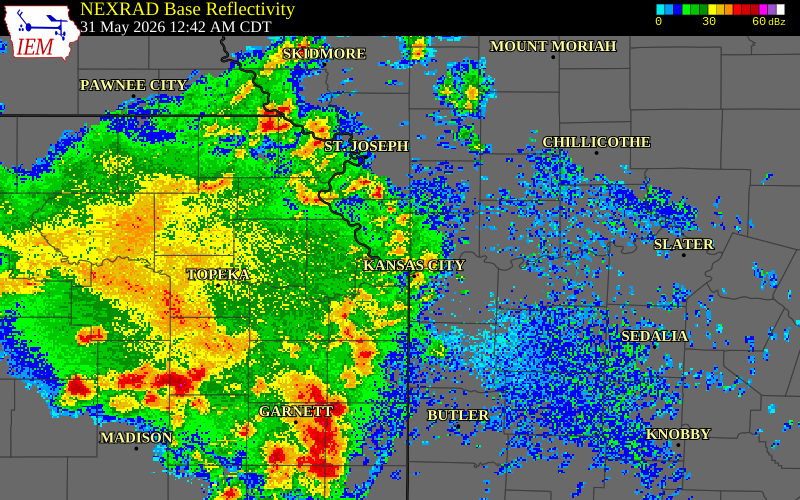 NEXRAD radar during the Sunday, May 31, 2026 storm activity in Platte County, Missouri