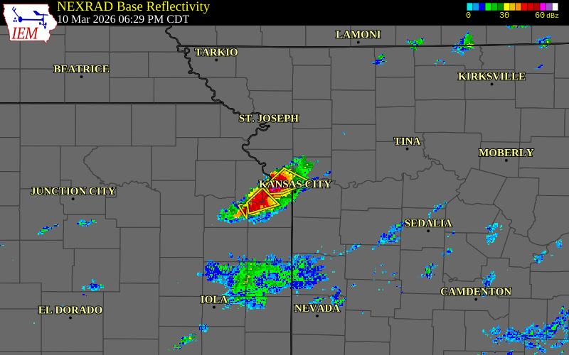 Radar snapshot during the Mar 10, 2026 hail event near 1 NE Weatherby Lake, Platte County, Missouri, with NWS warning polygons