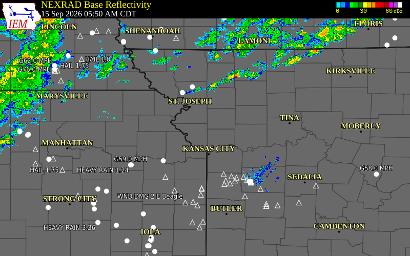 Current NEXRAD radar over Platte County, Missouri with recent storm report locations