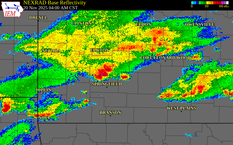 NEXRAD radar during the Thursday, November 20, 2025 storm activity in Polk County, Missouri
