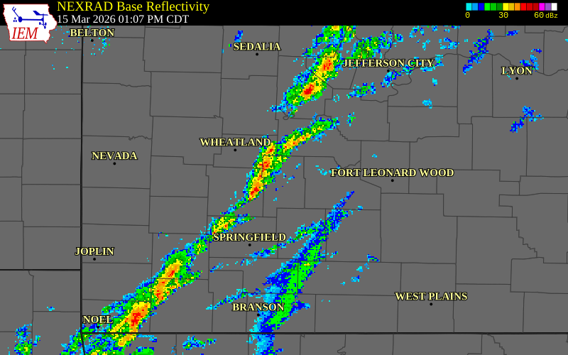 NEXRAD radar during the Sunday, March 15, 2026 storm activity in Polk County, Missouri