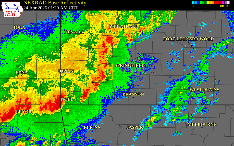 NEXRAD radar during the Friday, April 24, 2026 storm activity in Polk County, Missouri