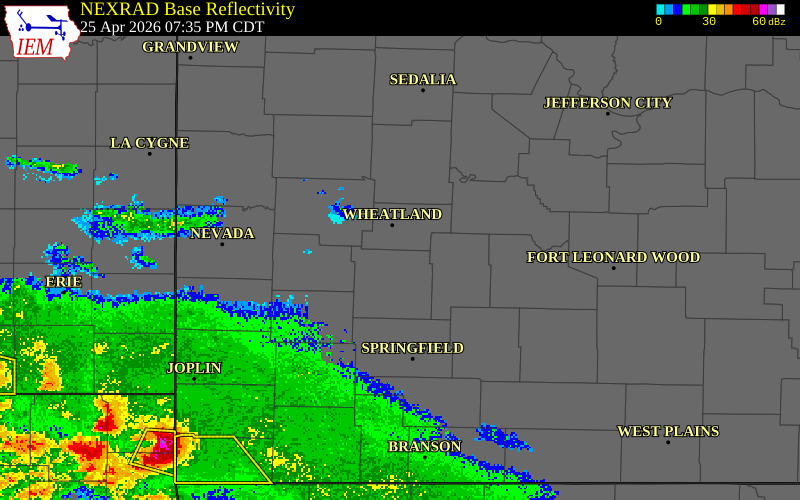 NEXRAD radar during the Saturday, April 25, 2026 storm activity in Polk County, Missouri