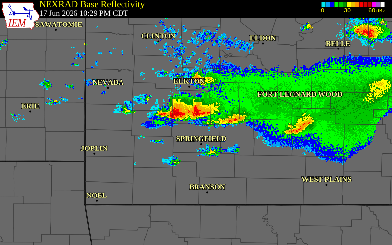 NEXRAD radar during the Wednesday, June 17, 2026 storm activity in Polk County, Missouri