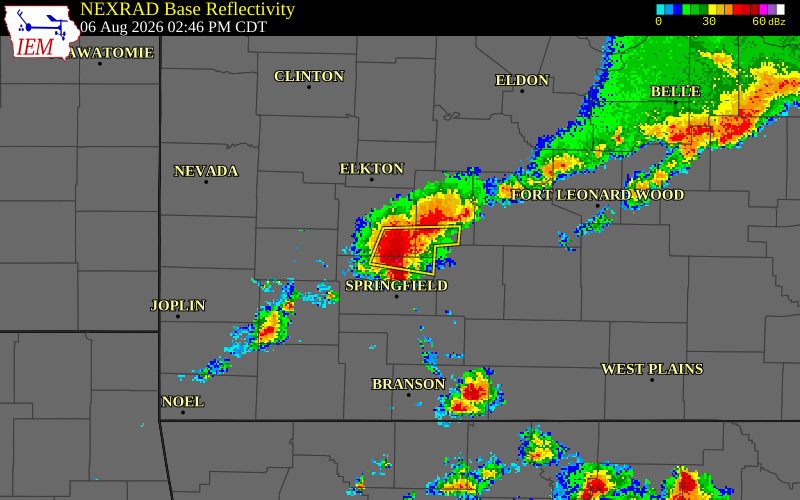 NEXRAD radar during the Thursday, August 6, 2026 storm activity in Polk County, Missouri