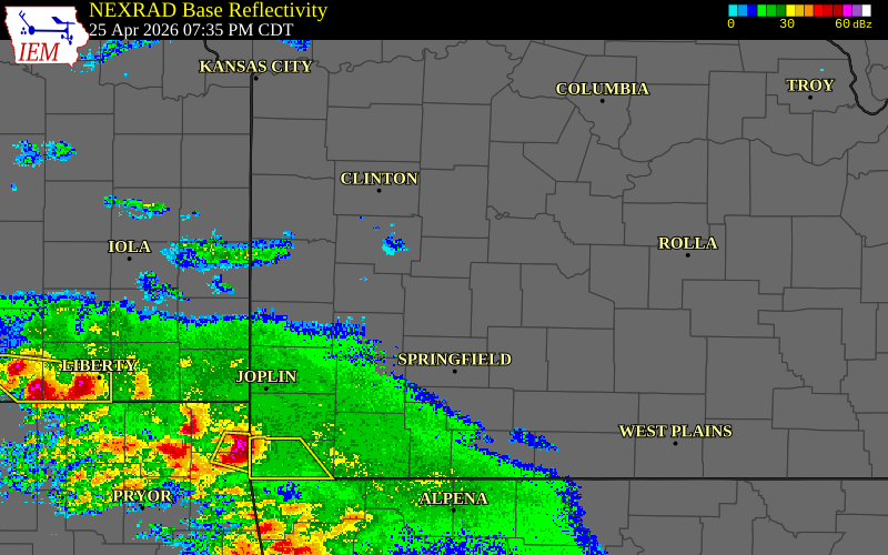 Radar snapshot during the Apr 25, 2026 hail event near 4 SW Pittsburg, Polk County, Missouri, with NWS warning polygons