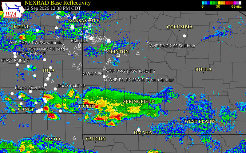 Current NEXRAD radar over Polk County, Missouri with recent storm report locations
