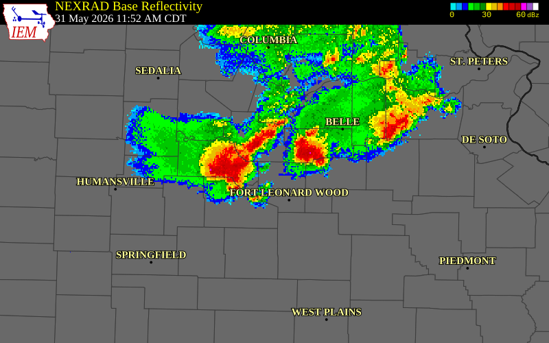 NEXRAD radar during the Sunday, May 31, 2026 storm activity in Pulaski County, Missouri