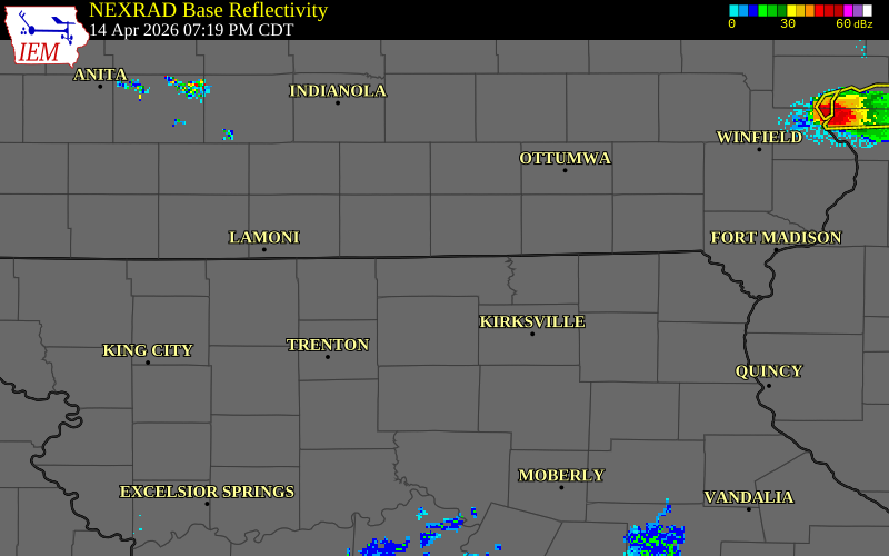 NEXRAD radar during the Tuesday, April 14, 2026 storm activity in Putnam County, Missouri