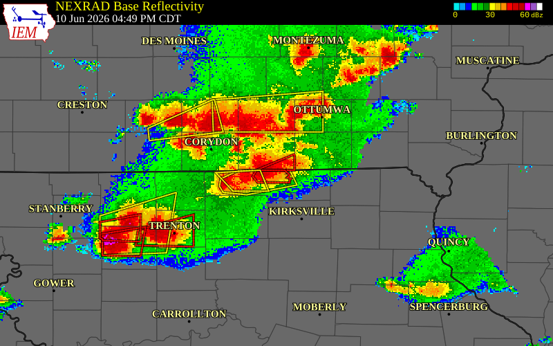 NEXRAD radar during the Wednesday, June 10, 2026 storm activity in Putnam County, Missouri