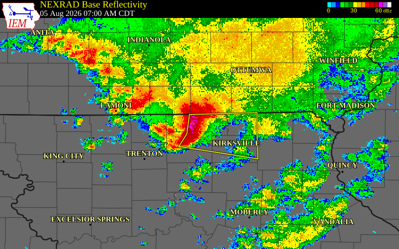 NEXRAD radar during the Wednesday, August 5, 2026 storm activity in Putnam County, Missouri