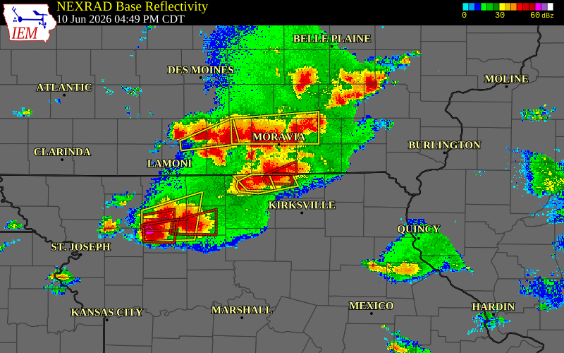 Radar snapshot during the Jun 10, 2026 tornado event near 7 NW Livonia, Putnam County, Missouri, with NWS warning polygons