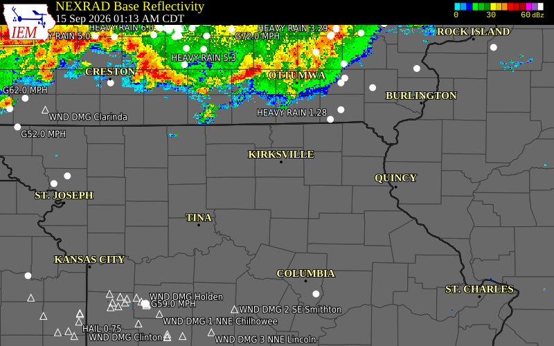 Current NEXRAD radar over Putnam County, Missouri with recent storm report locations