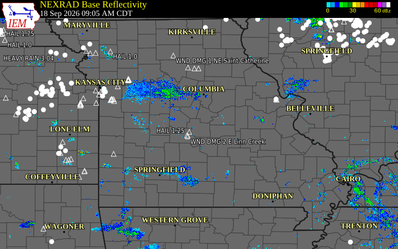 Current NEXRAD radar across Missouri with recent storm report locations