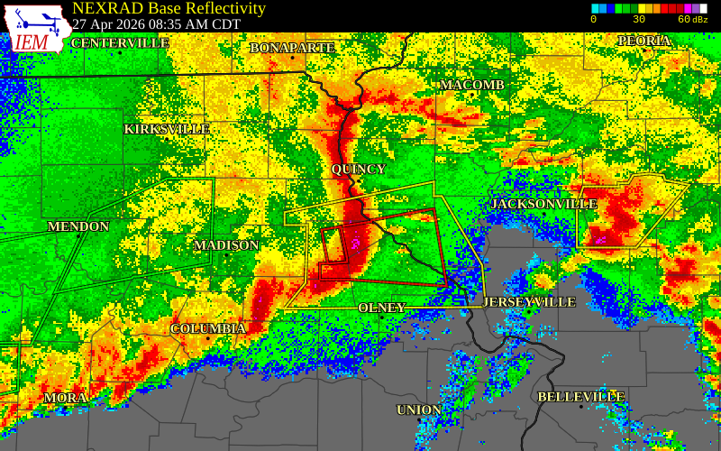 NEXRAD radar during the Monday, April 27, 2026 storm activity in Ralls County, Missouri