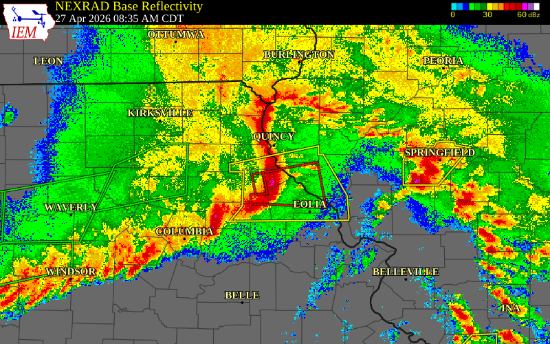 Radar snapshot during the Apr 27, 2026 hail event near 3 S Hannibal, Ralls County, Missouri, with NWS warning polygons