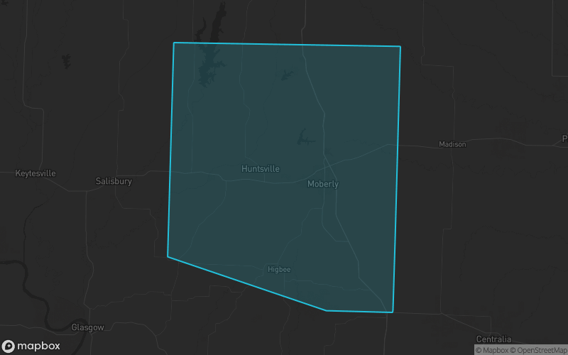 Map of Randolph County, Missouri showing the county boundary and surrounding cities